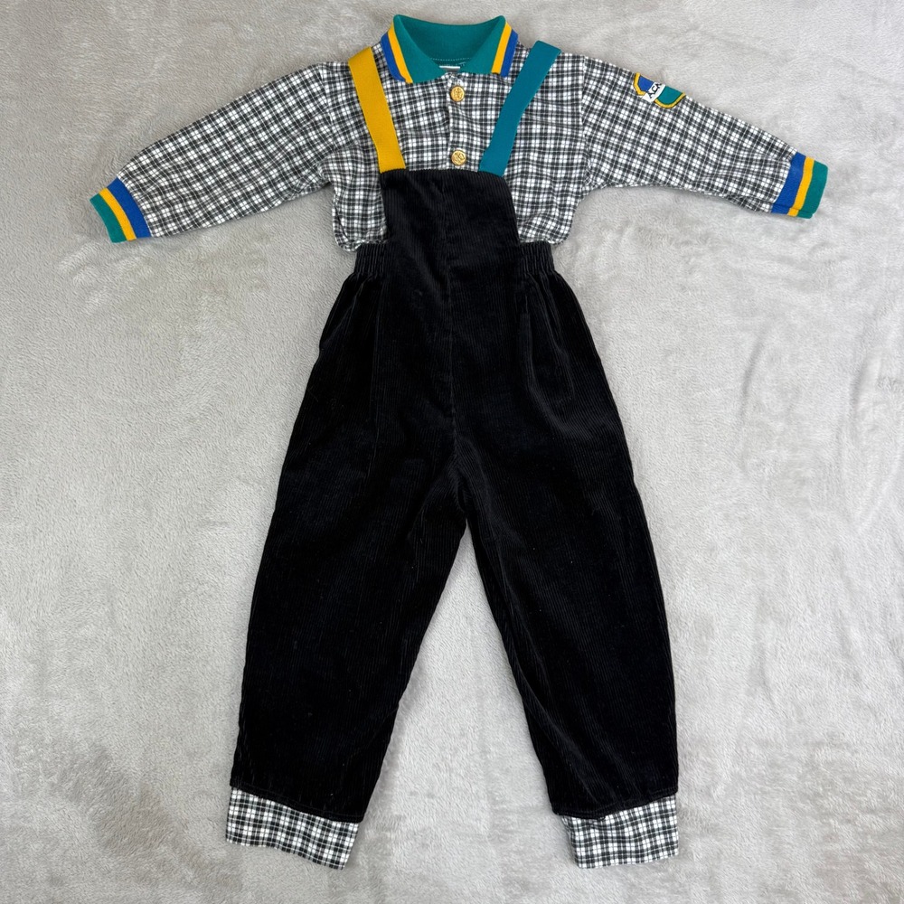 Carter's Overall 2 Piece Set Boys 3T Black Plaid Corduroy Vtg USA Preppy 80s